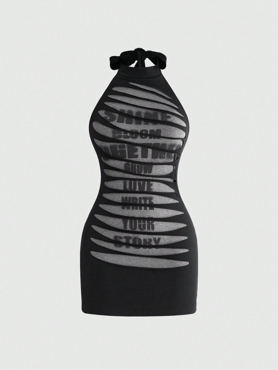 Black backless mini dress featuring letter slogan print, stand collar halter neck with tie back knot, and slim fit silhouette for festival style.
