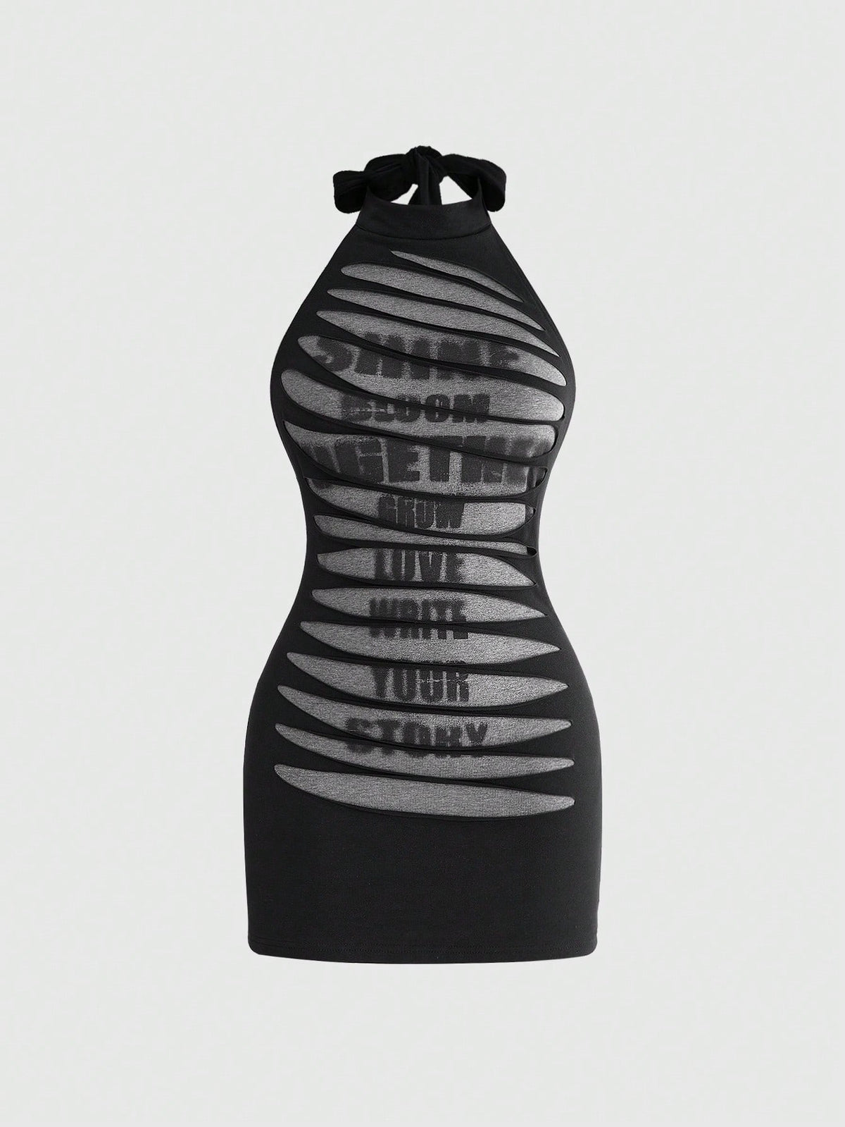 Black backless mini dress featuring letter slogan print, stand collar halter neck with tie back knot, and slim fit silhouette for festival style.