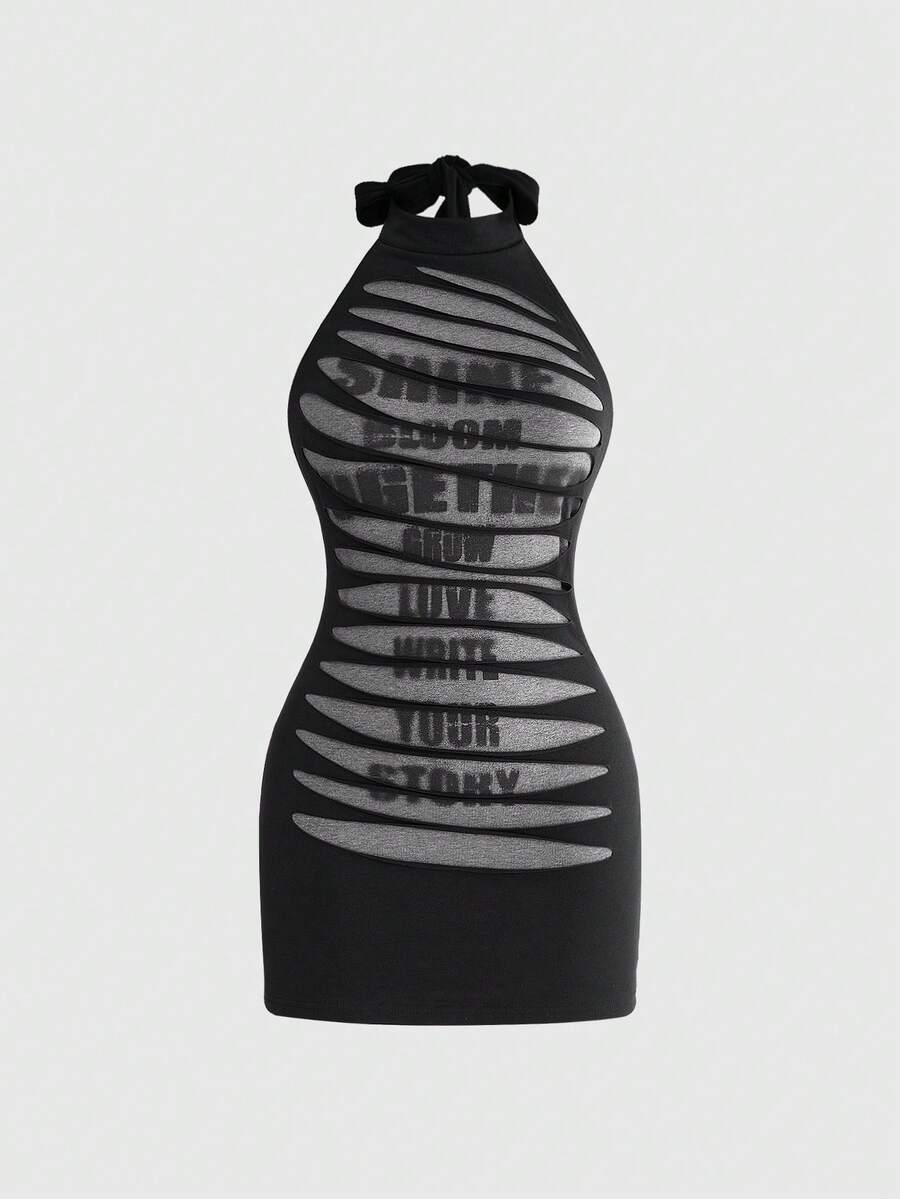 Black backless mini dress featuring letter slogan print, stand collar halter neck with tie back knot, and slim fit silhouette for festival style.