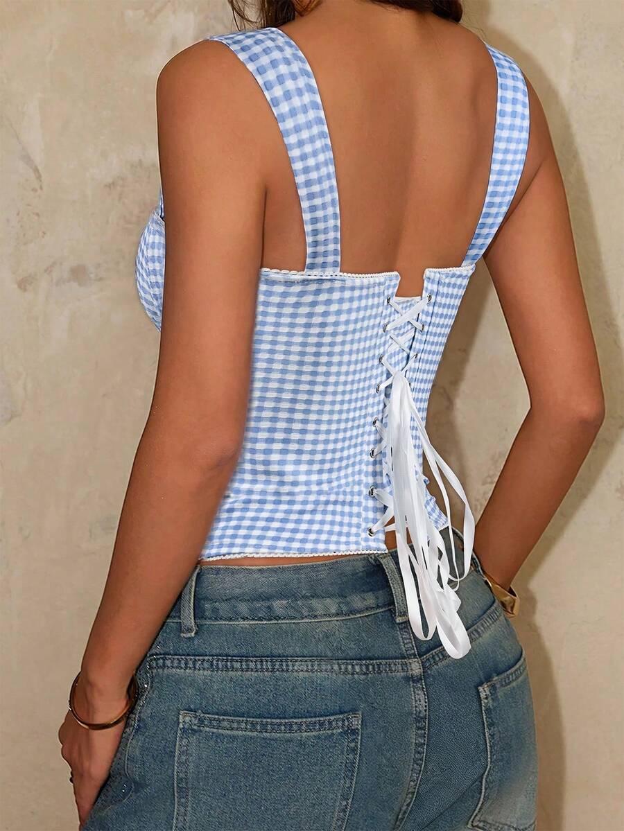 Burgundy women's lace-up backless camisole crop top featuring a square neck, sleeveless design, asymmetrical hem, and slim fit.
