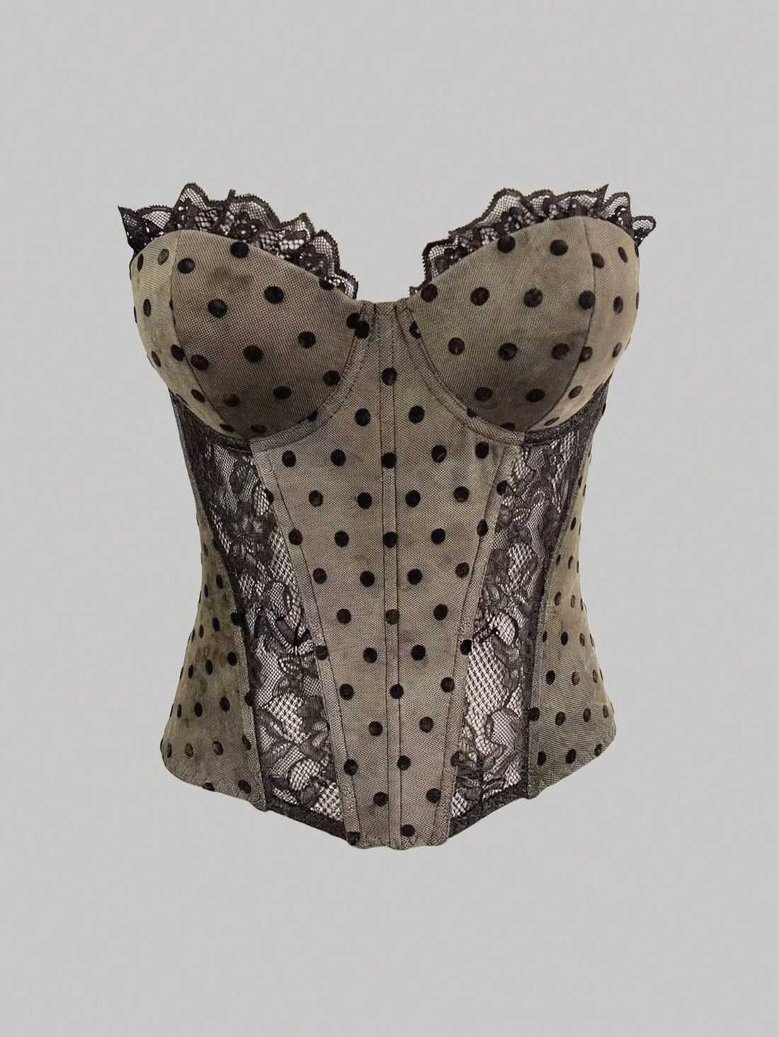 Coffee brown women's strapless bandeau crop top featuring polka dot pattern, mesh fabric, and boned cup detail.