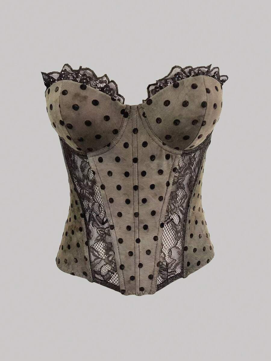 Coffee brown women's strapless bandeau crop top featuring polka dot pattern, mesh fabric, and boned cup detail.