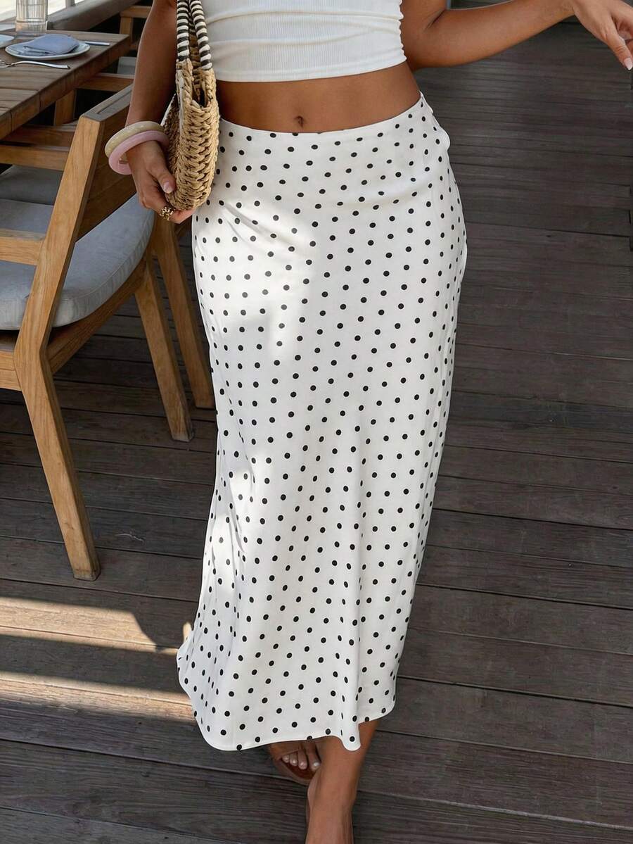 Women's white satin long dress featuring a high waist and elegant fishtail hem