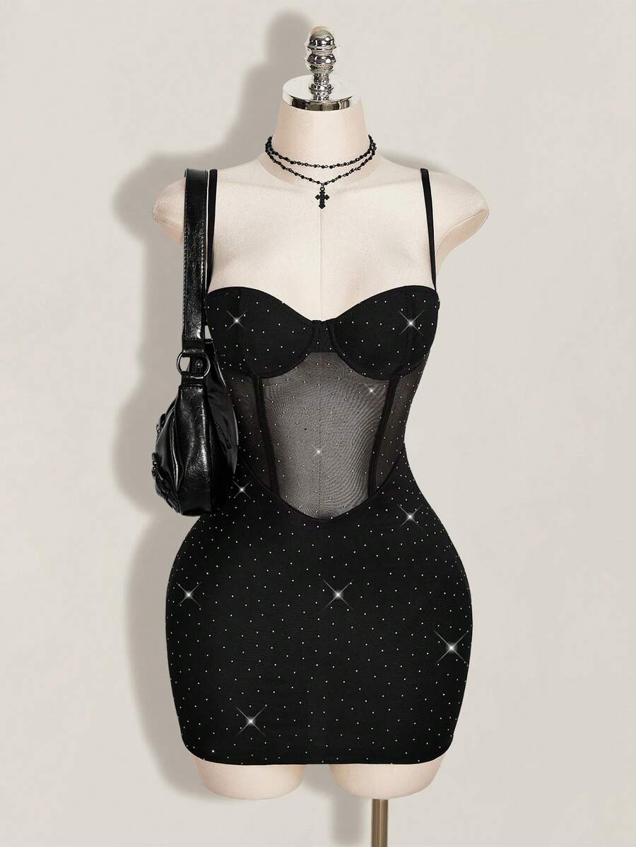 Black contrast lace bustier cami bodycon mini dress for women featuring spaghetti straps and a backless design.