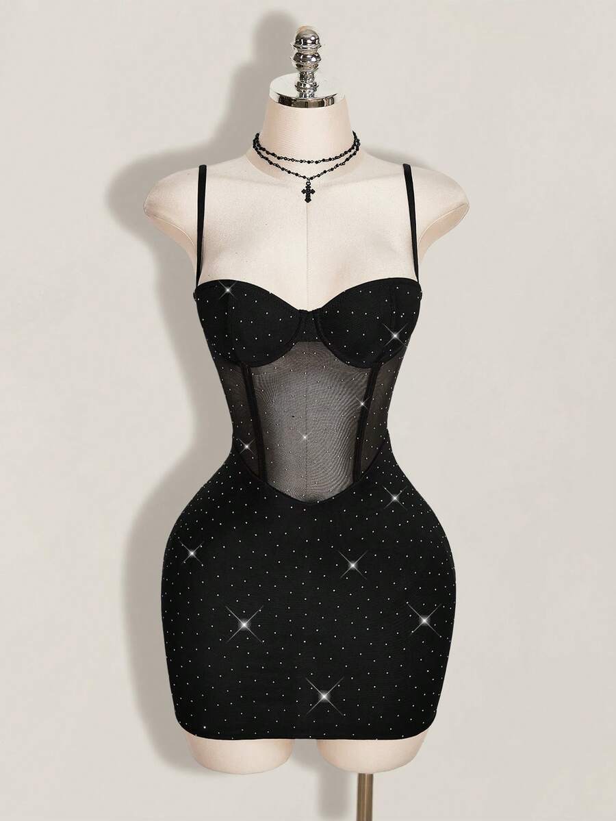 Black contrast lace bustier cami bodycon mini dress for women featuring spaghetti straps and a backless design.