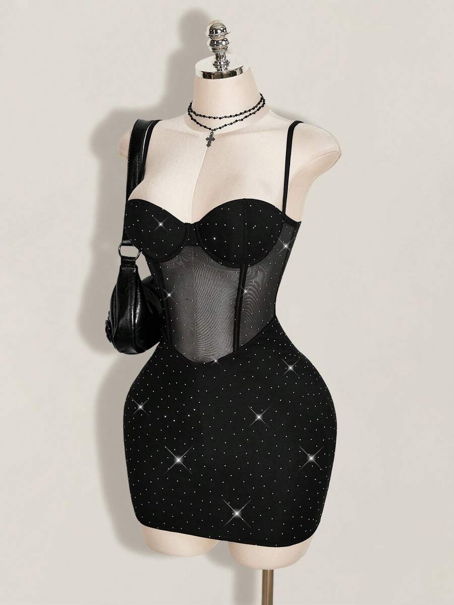 Black contrast lace bustier cami bodycon mini dress for women featuring spaghetti straps and a backless design.