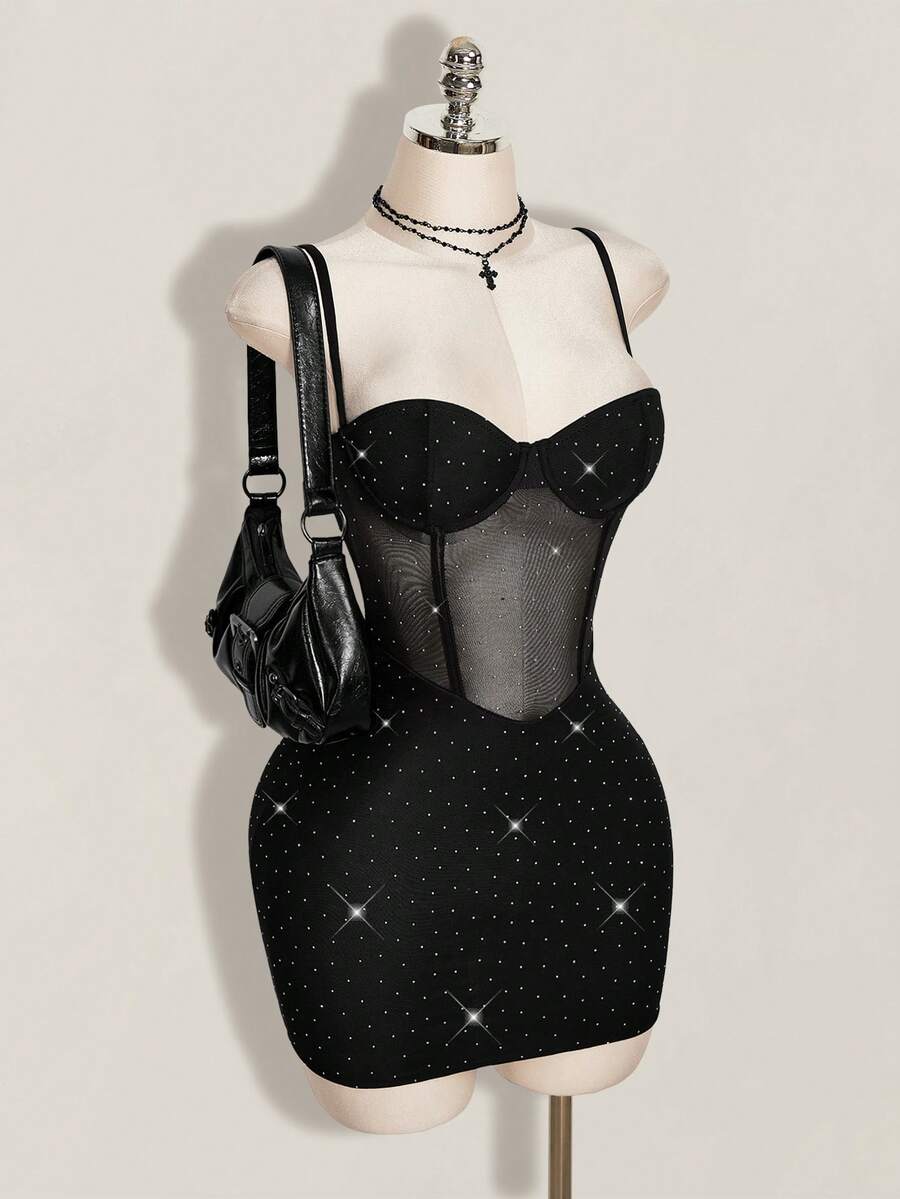 Black contrast lace bustier cami bodycon mini dress for women featuring spaghetti straps and a backless design.