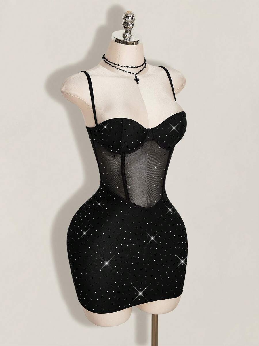 Black contrast lace bustier cami bodycon mini dress for women featuring spaghetti straps and a backless design.