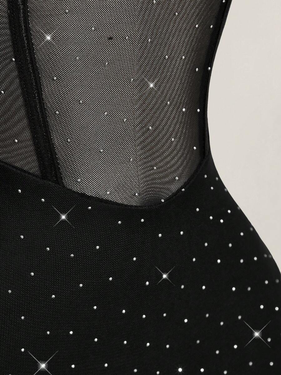 Black contrast lace bustier cami bodycon mini dress for women featuring spaghetti straps and a backless design.
