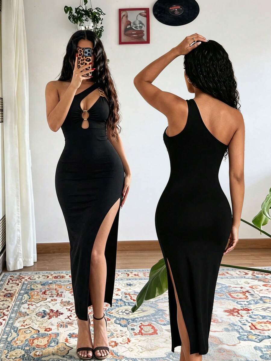 Sleeveless asymmetrical neck bodycon dress featuring cut-out waist detailing and side slit hem for women.