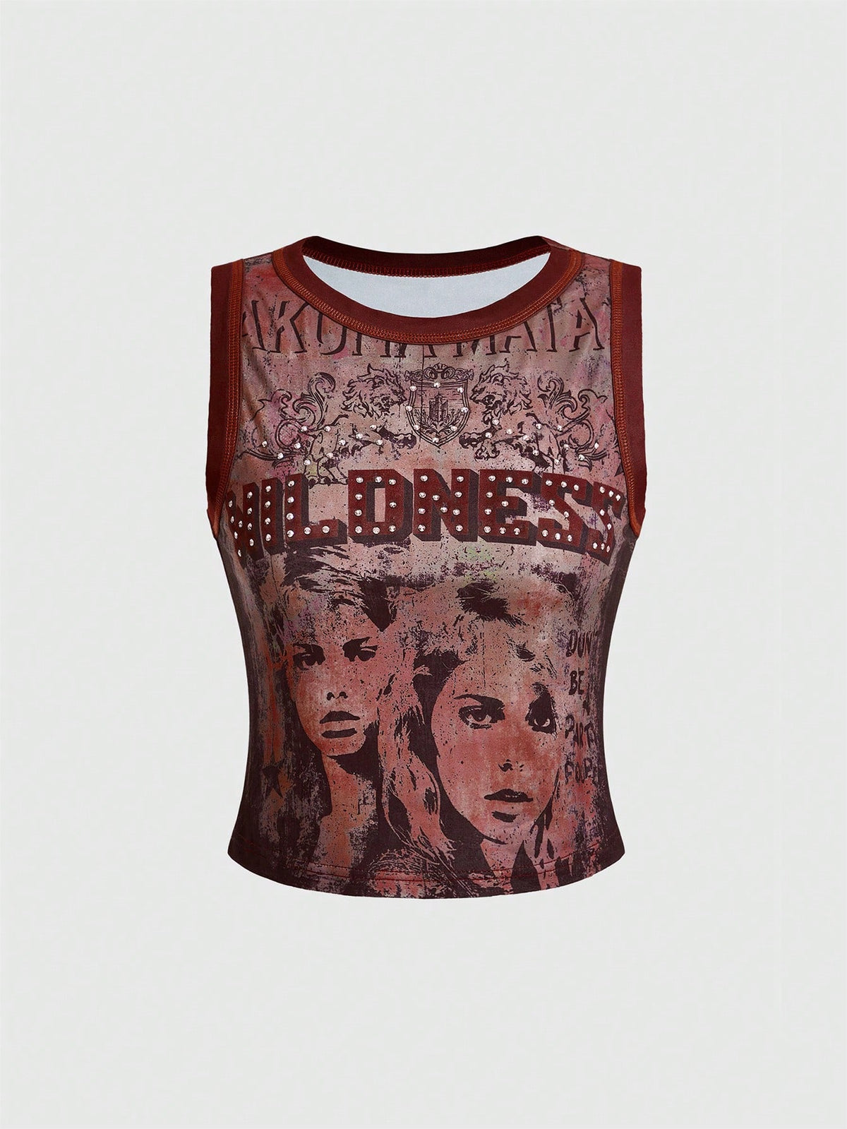 Burgundy women's crop tank top featuring contrast binding trim, graphic letter print, and a slim fit round neck silhouette.
