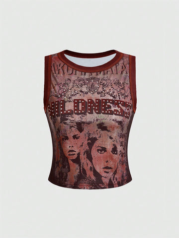 Burgundy women's crop tank top featuring contrast binding trim, graphic letter print, and a slim fit round neck silhouette.