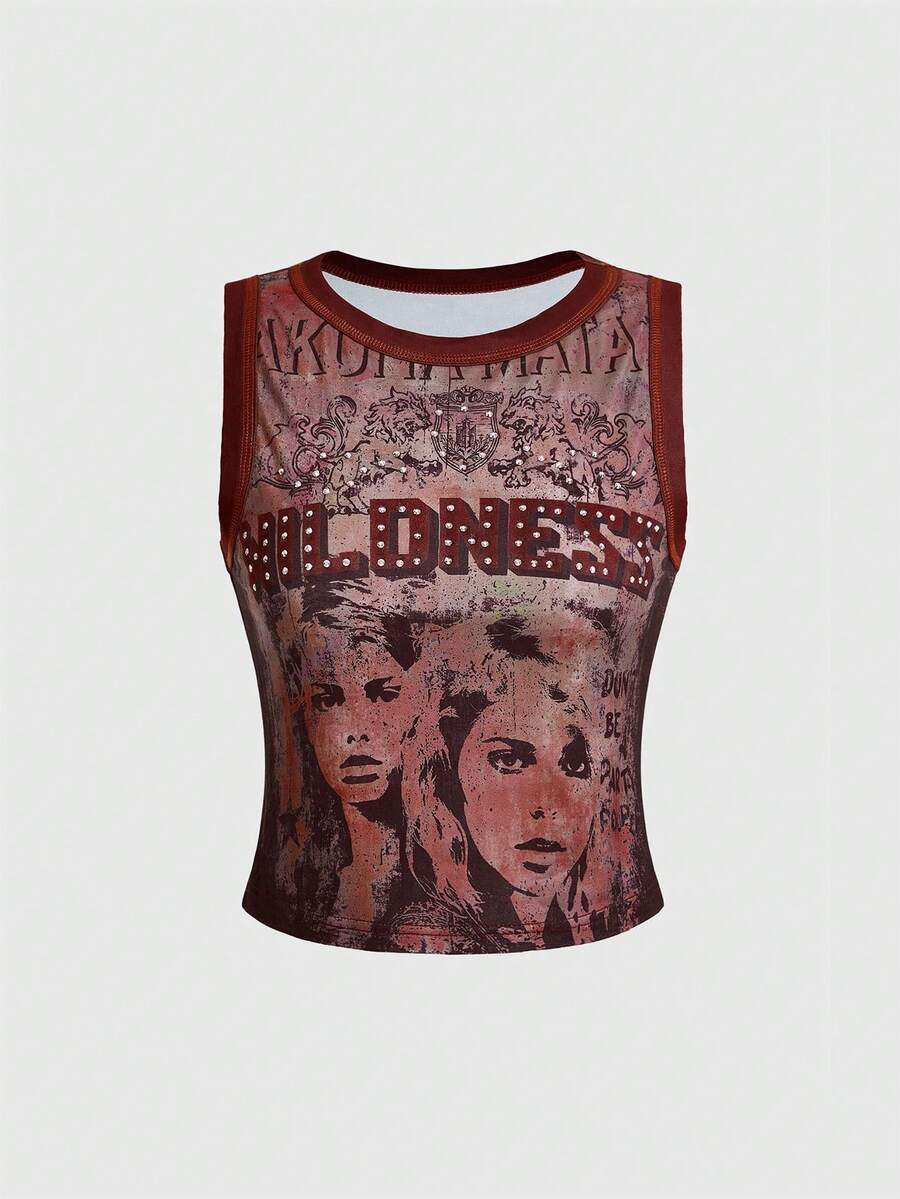 Burgundy women's crop tank top featuring contrast binding trim, graphic letter print, and a slim fit round neck silhouette.