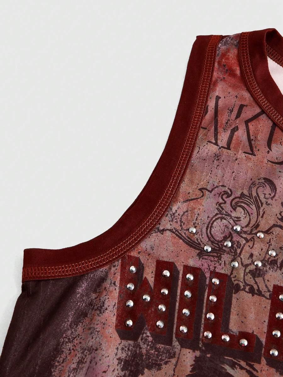 Burgundy women's crop tank top featuring contrast binding trim, graphic letter print, and a slim fit round neck silhouette.