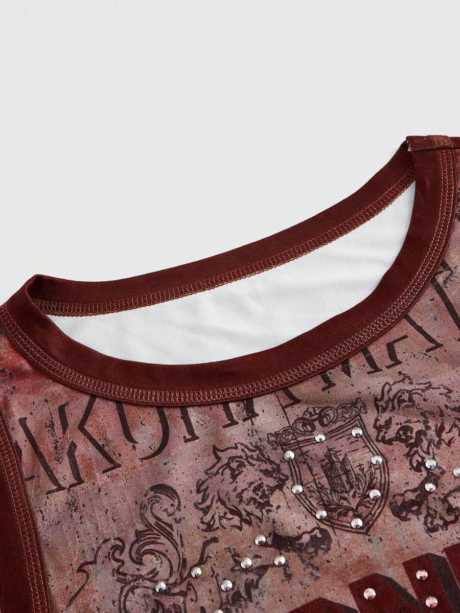 Burgundy women's crop tank top featuring contrast binding trim, graphic letter print, and a slim fit round neck silhouette.