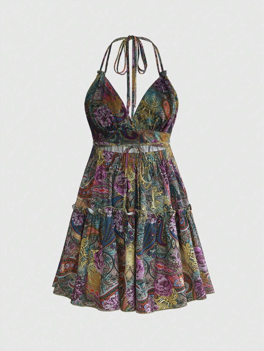 Women's multicolor paisley print halter loose mini dress featuring a backless knot detail and ruffle flounce hem
