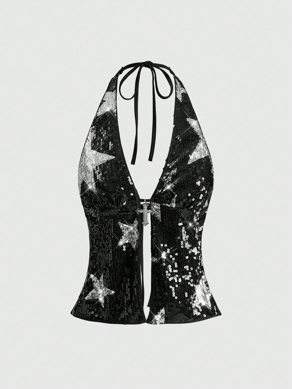 Women's sequin halter tank top featuring a backless slim fit design with knot and split details.