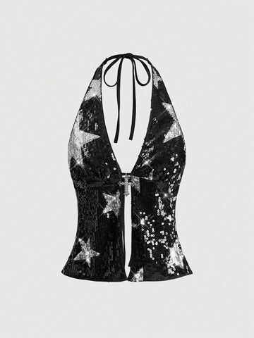 Women's sequin halter tank top featuring a backless slim fit design with knot and split details.