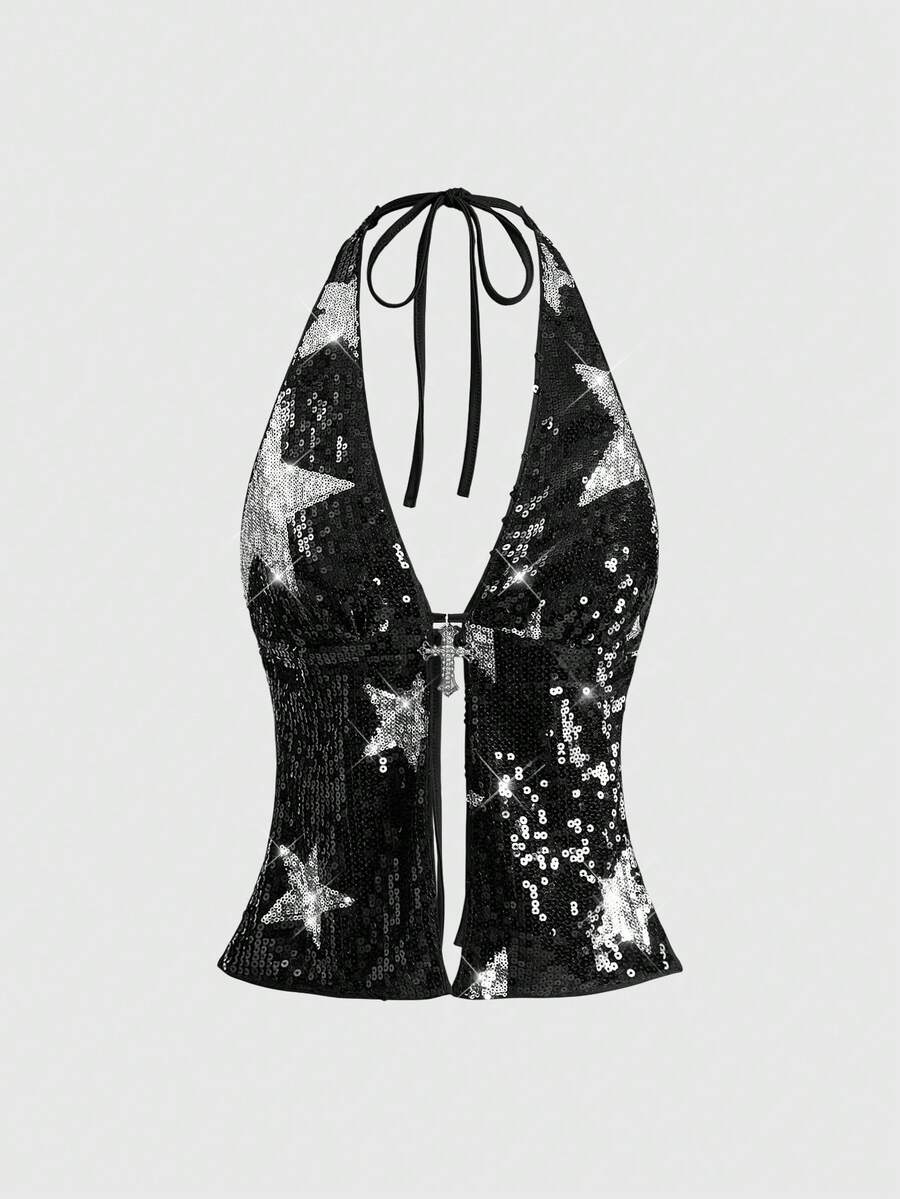 Women's sequin halter tank top featuring a backless slim fit design with knot and split details.