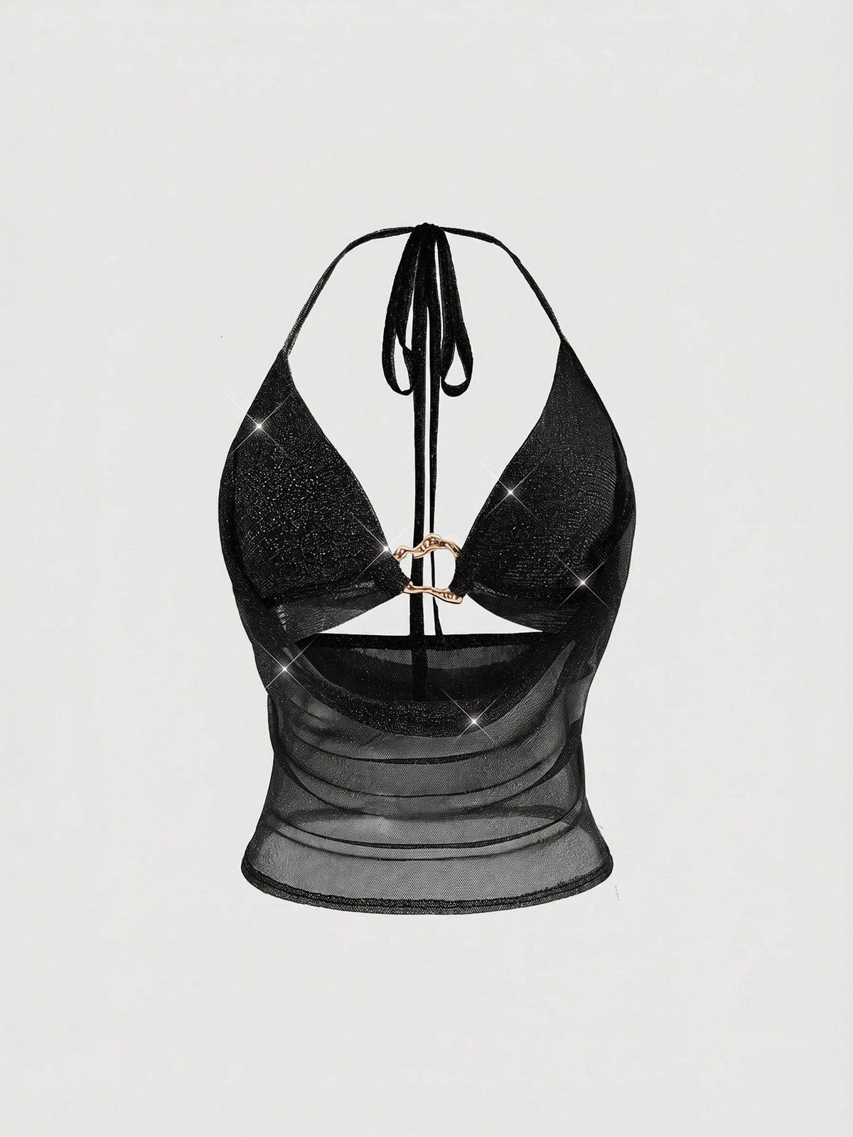 Women's glitter backless halter crop top with a draped neck and tie-up straps in metallic black knit fabric.