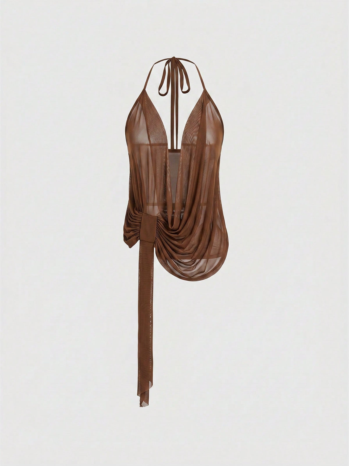 Black sheer mesh halter cami top featuring a backless design, asymmetrical hem, and knot details.