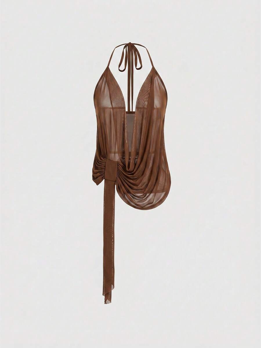 Black sheer mesh halter cami top featuring a backless design, asymmetrical hem, and knot details.