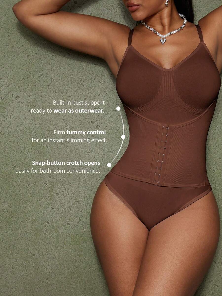 Women's backless waist shaping shapewear bodysuit in black featuring high stretch fabric and ultra light tummy support.