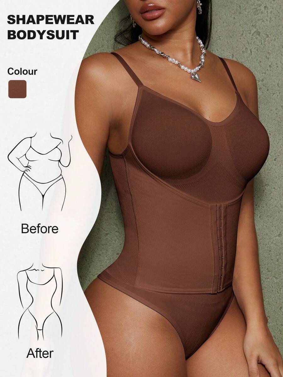 Women's backless waist shaping shapewear bodysuit in black featuring high stretch fabric and ultra light tummy support.