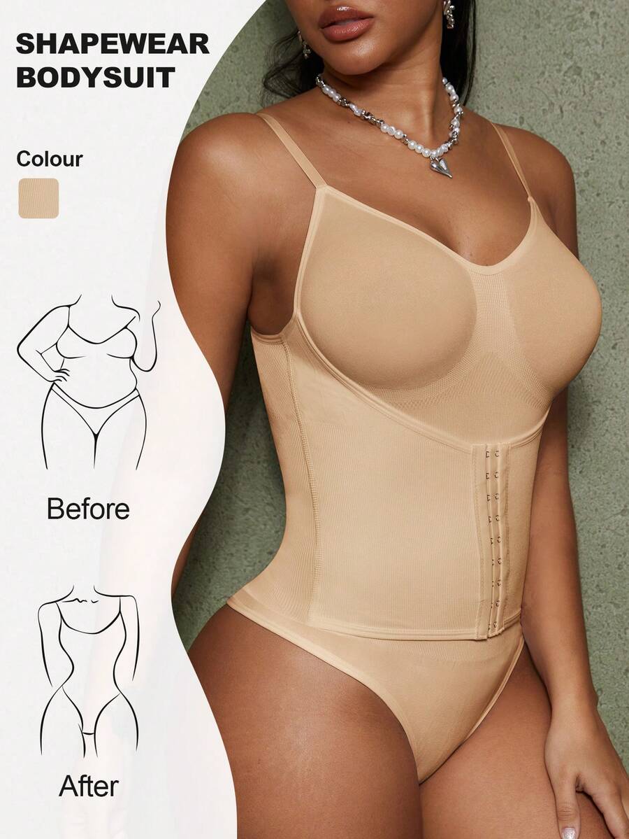 Women's backless waist shaping shapewear bodysuit in black featuring high stretch fabric and ultra light tummy support.
