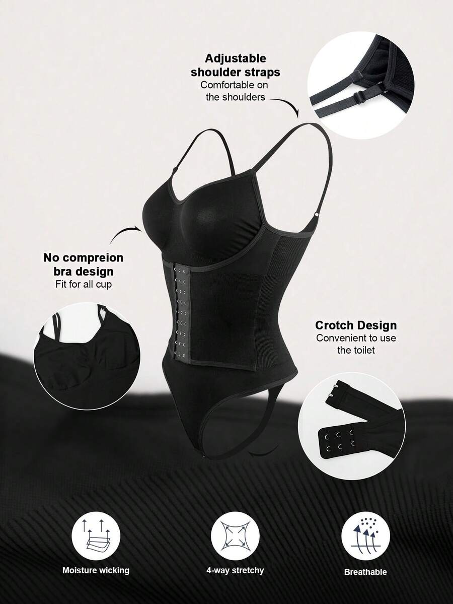 Women's backless waist shaping shapewear bodysuit in black featuring high stretch fabric and ultra light tummy support.