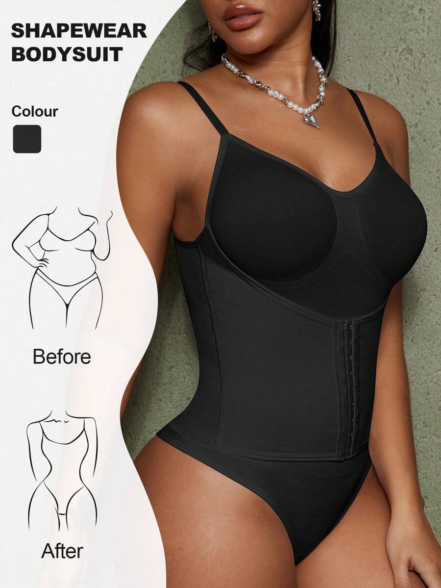 Women's backless waist shaping shapewear bodysuit in black featuring high stretch fabric and ultra light tummy support.