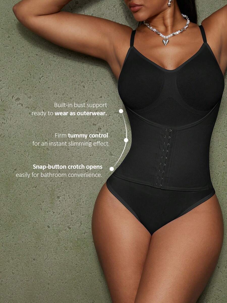 Women's backless waist shaping shapewear bodysuit in black featuring high stretch fabric and ultra light tummy support.