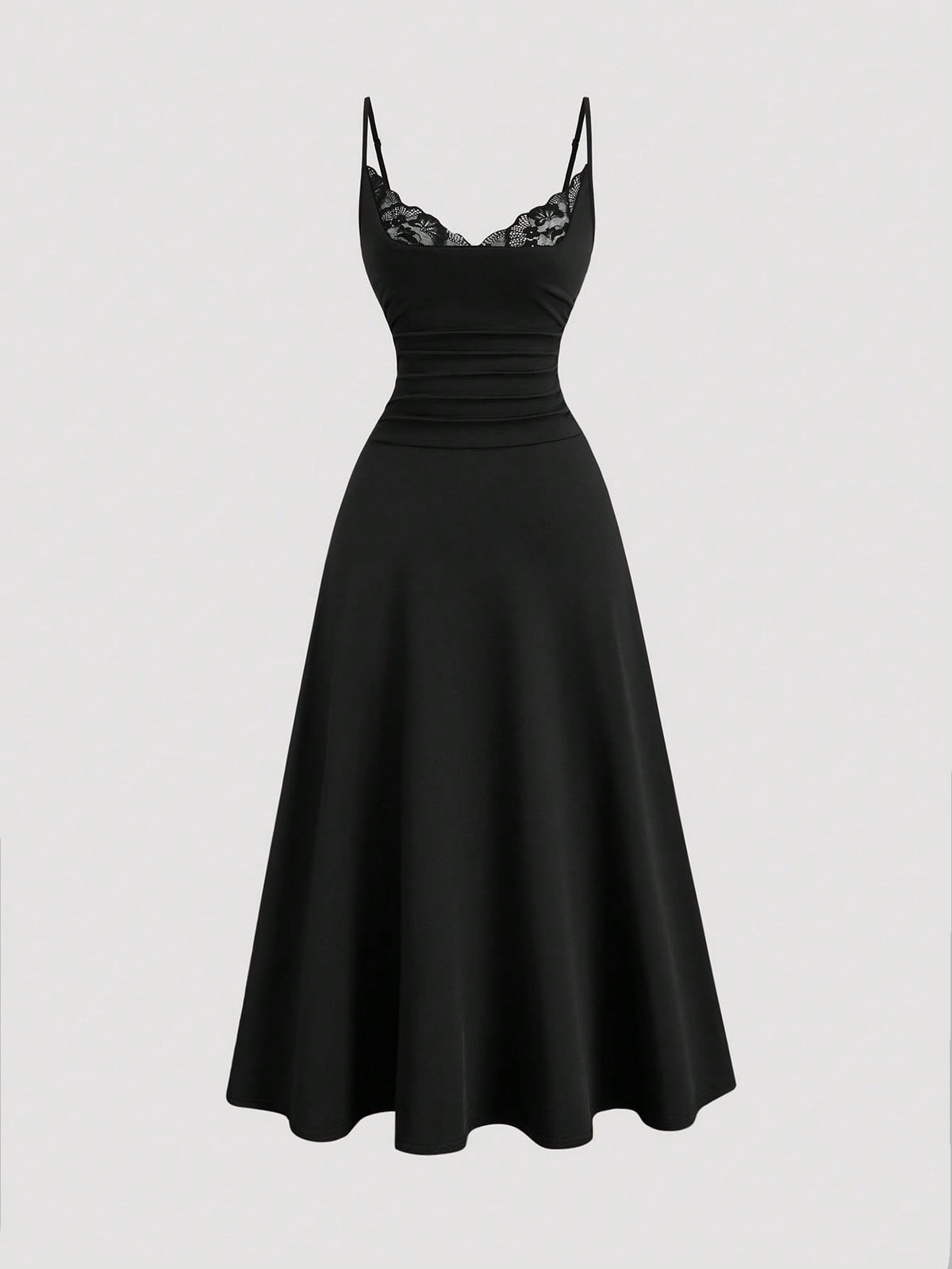 Apricot sleeveless lace patchwork midi dress for women with spaghetti straps and a high-waisted flared skirt.