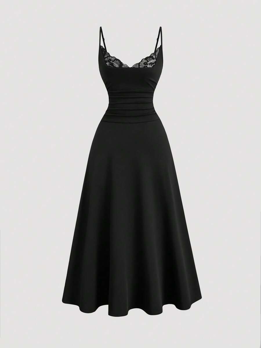 Apricot sleeveless lace patchwork midi dress for women with spaghetti straps and a high-waisted flared skirt.