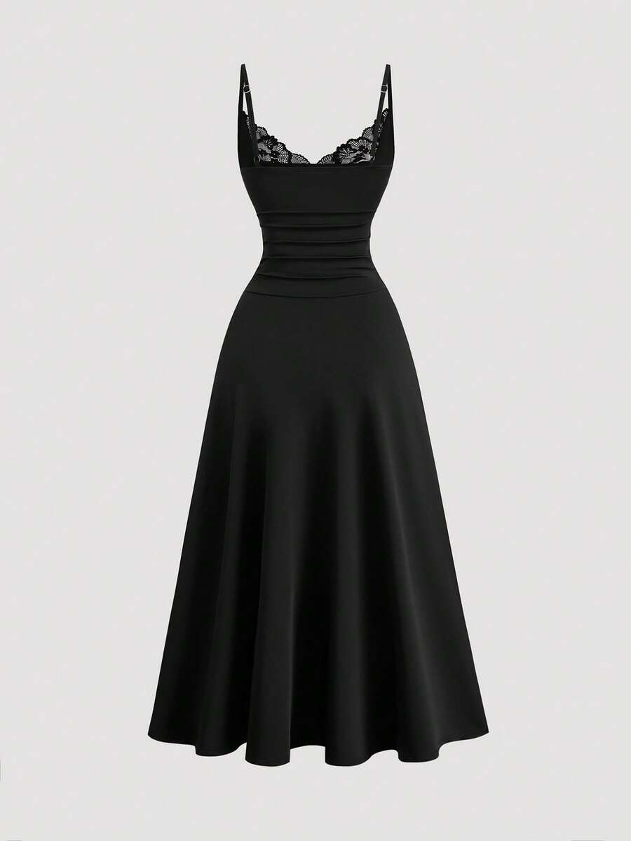 Apricot sleeveless lace patchwork midi dress for women with spaghetti straps and a high-waisted flared skirt.