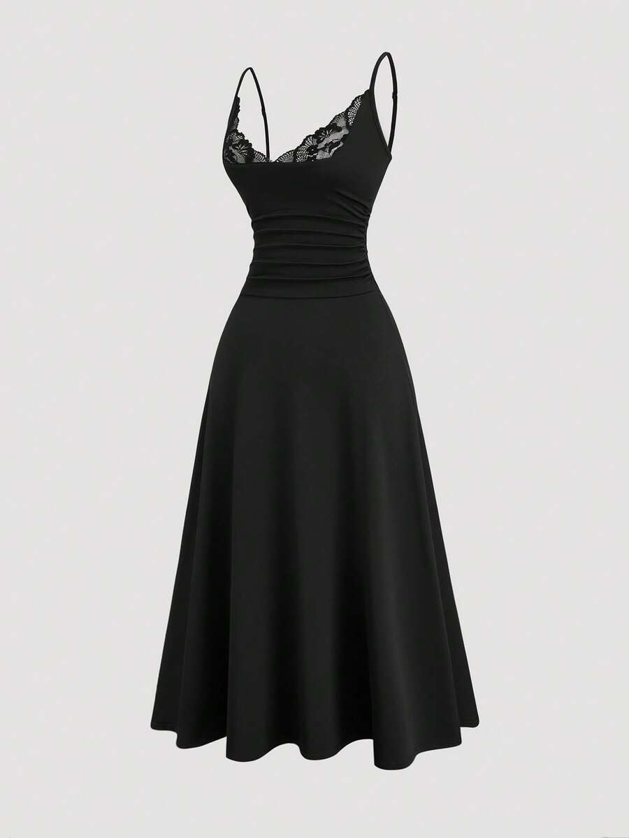Apricot sleeveless lace patchwork midi dress for women with spaghetti straps and a high-waisted flared skirt.