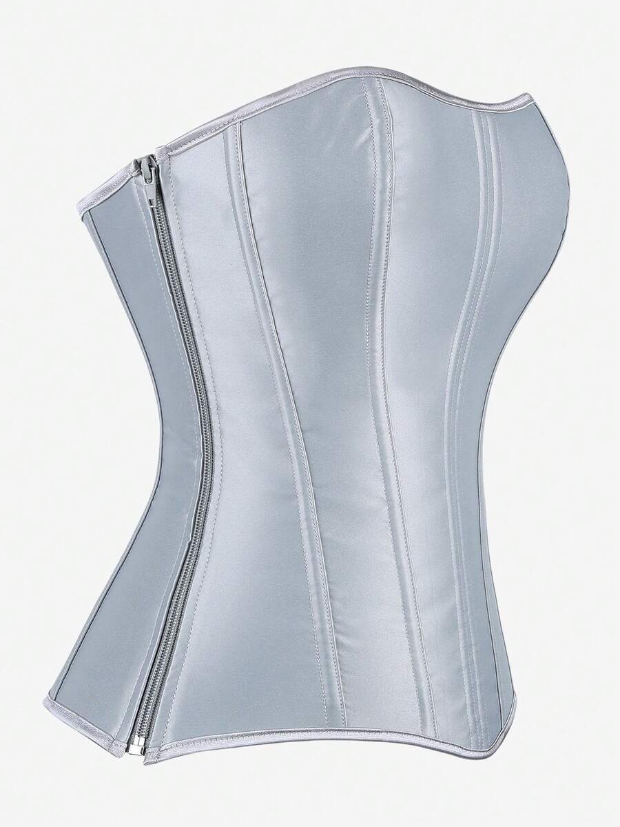 Black overbust corset top bustier with 11 steel bones, side zipper, and grommet eyelet detailing for waist shaping.