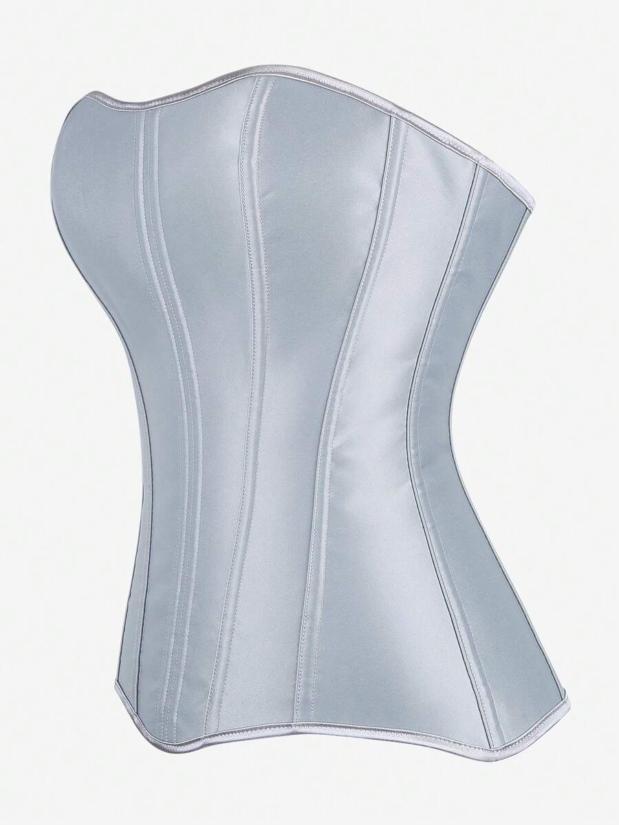 Black overbust corset top bustier with 11 steel bones, side zipper, and grommet eyelet detailing for waist shaping.