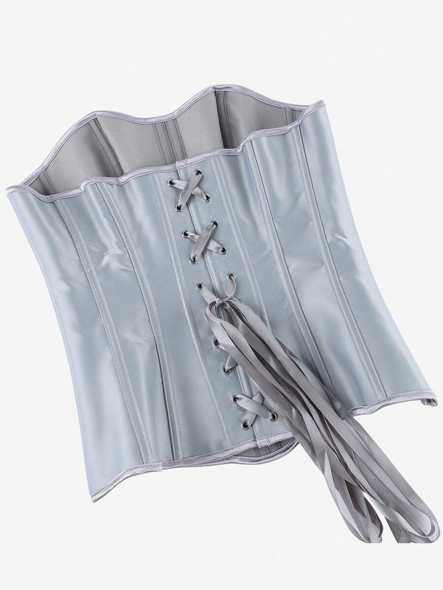 Black overbust corset top bustier with 11 steel bones, side zipper, and grommet eyelet detailing for waist shaping.