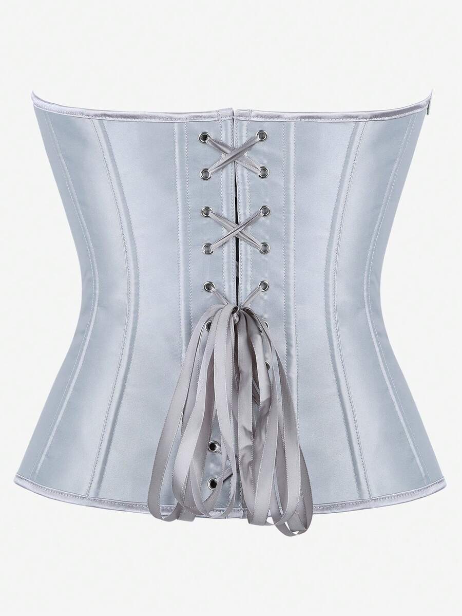Black overbust corset top bustier with 11 steel bones, side zipper, and grommet eyelet detailing for waist shaping.