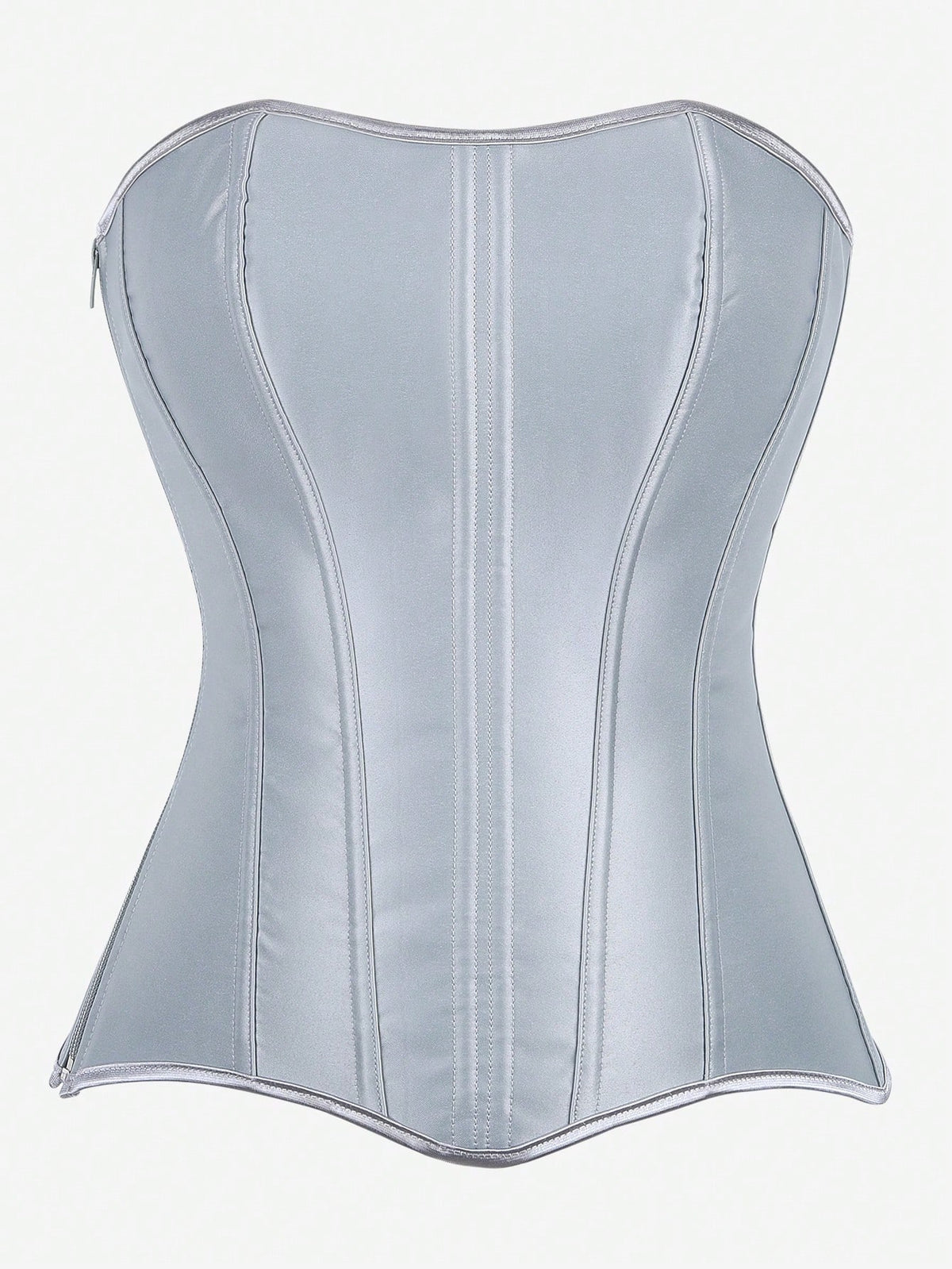 Black overbust corset top bustier with 11 steel bones, side zipper, and grommet eyelet detailing for waist shaping.