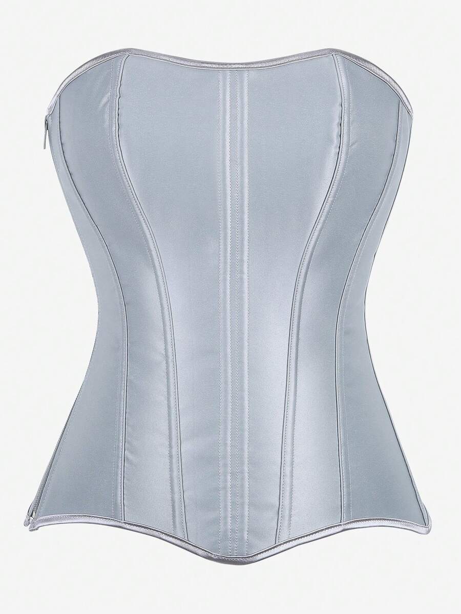 Black overbust corset top bustier with 11 steel bones, side zipper, and grommet eyelet detailing for waist shaping.
