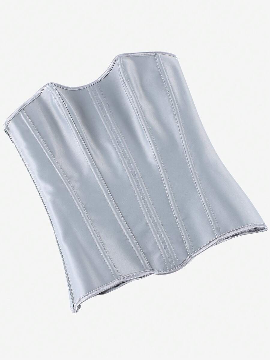 Black overbust corset top bustier with 11 steel bones, side zipper, and grommet eyelet detailing for waist shaping.