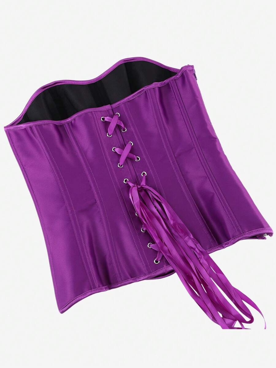 Black overbust corset top bustier with 11 steel bones, side zipper, and grommet eyelet detailing for waist shaping.