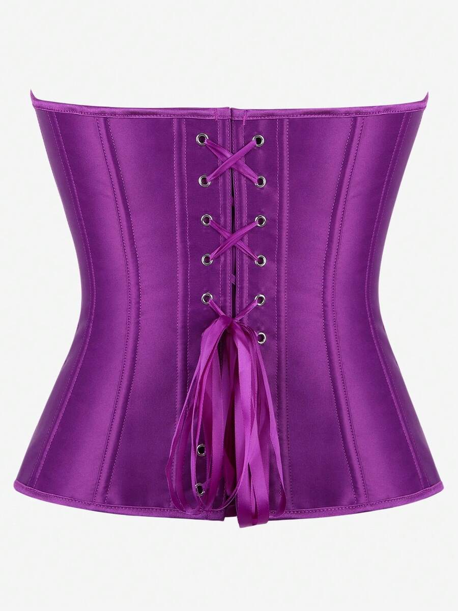 Black overbust corset top bustier with 11 steel bones, side zipper, and grommet eyelet detailing for waist shaping.
