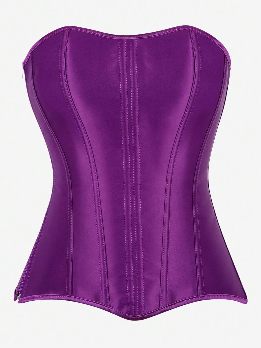 Black overbust corset top bustier with 11 steel bones, side zipper, and grommet eyelet detailing for waist shaping.