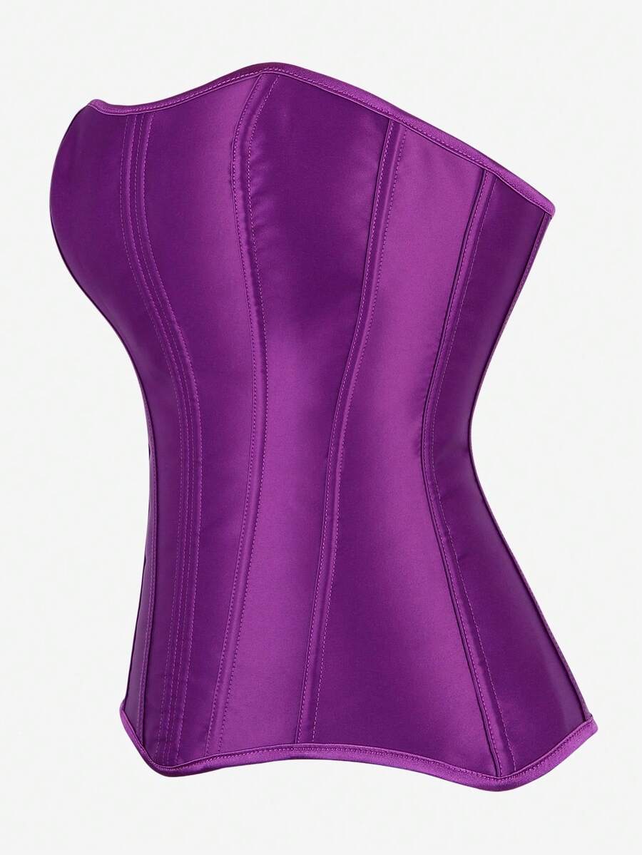 Black overbust corset top bustier with 11 steel bones, side zipper, and grommet eyelet detailing for waist shaping.