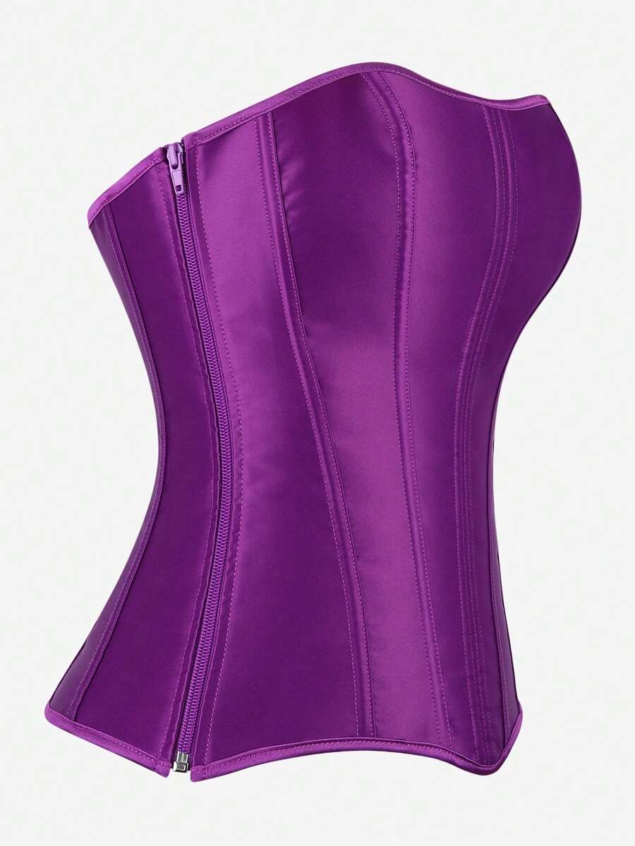 Black overbust corset top bustier with 11 steel bones, side zipper, and grommet eyelet detailing for waist shaping.