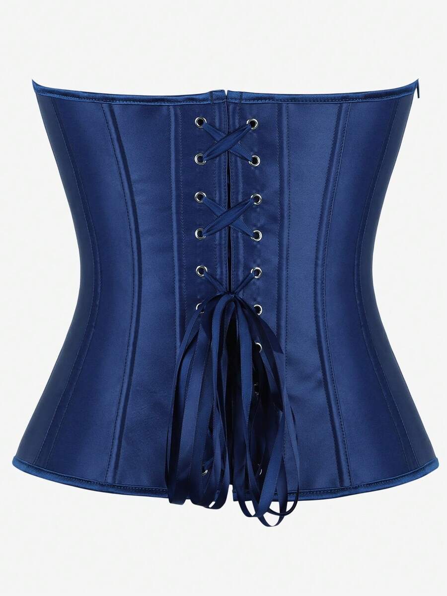 Black overbust corset top bustier with 11 steel bones, side zipper, and grommet eyelet detailing for waist shaping.