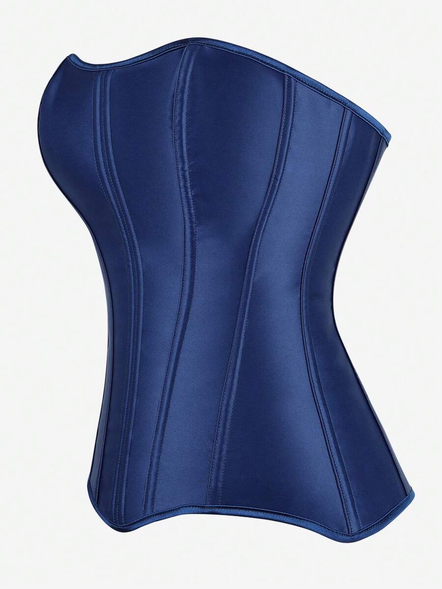 Black overbust corset top bustier with 11 steel bones, side zipper, and grommet eyelet detailing for waist shaping.